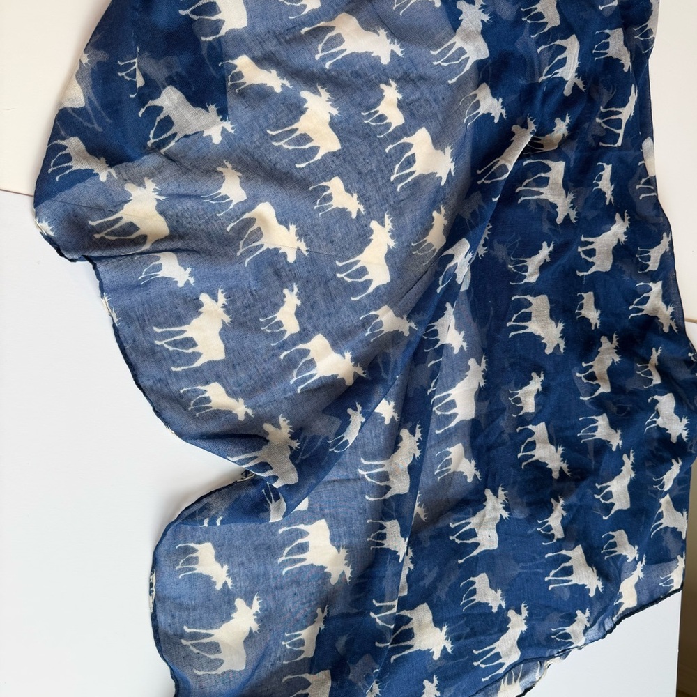 Large and Flowy Sheer Blue Scarf with White Moose Pattern